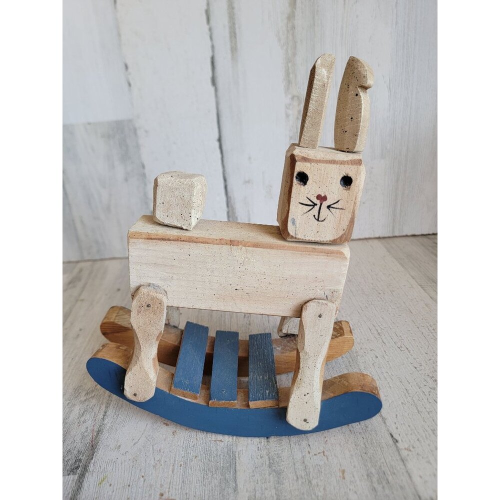 Vintage block Easter Bunny rabbit rocking horse tabletop spring home decor woode